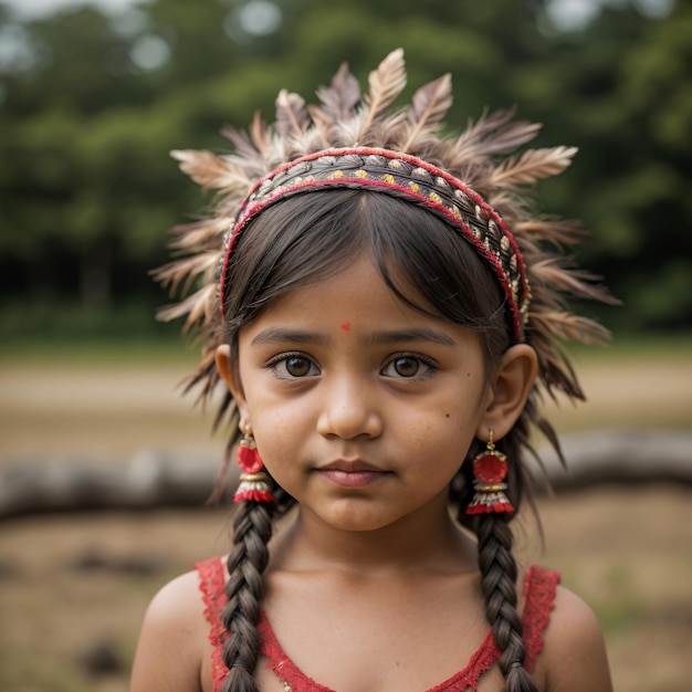 Foto una chica india con un tocado rojo y un tocado rojo está mirando a la cámara