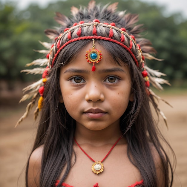 Foto una chica india con un tocado rojo y un tocado rojo está mirando a la cámara