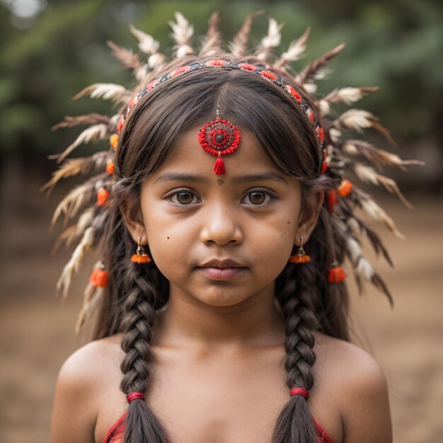 Foto una chica india con un tocado rojo y un tocado rojo está mirando a la cámara