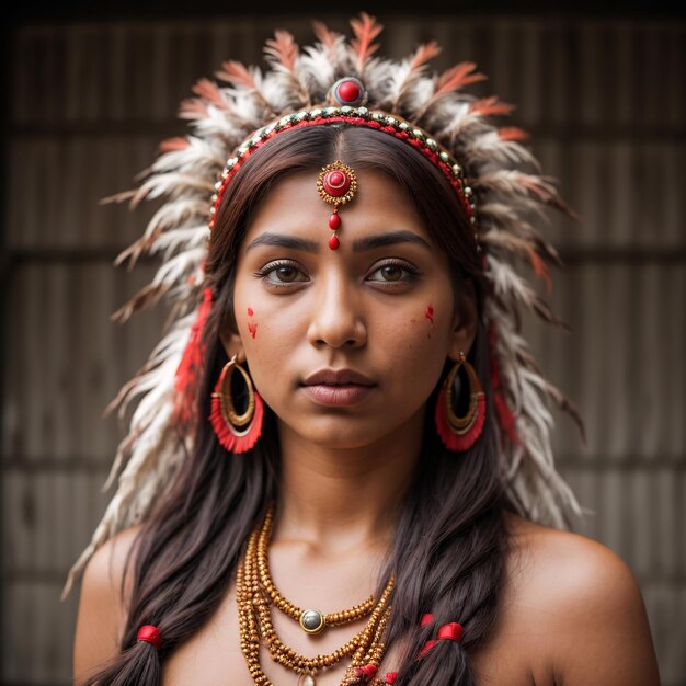 Foto una chica india con un tocado rojo y un tocado rojo está mirando a la cámara