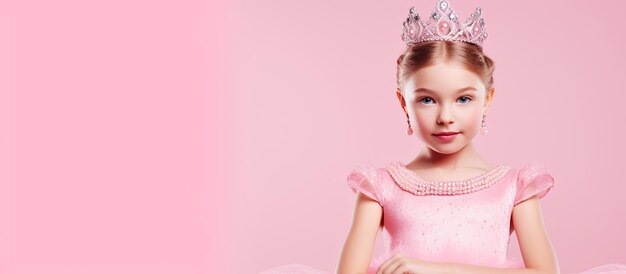 Chica infeliz en vestido rosa posando sobre fondo rosa Concepto de celebración de cumpleaños con pancarta Foto de estudio