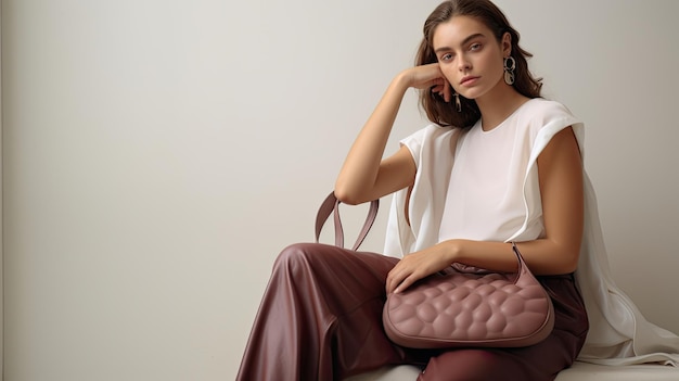 Chica informal de moda sentada con un aspecto moderno que muestra una bolsa en un estudio monocromático blanco