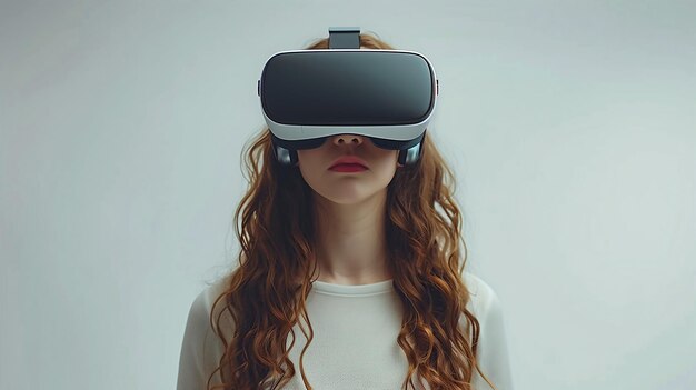 Foto chica inmersa en un juego de realidad virtual y metaverso usando un auricular de realidad virtual