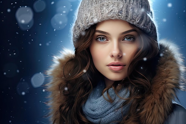 chica de invierno con sombrero y bufanda sobre un fondo claro borroso ai generativo