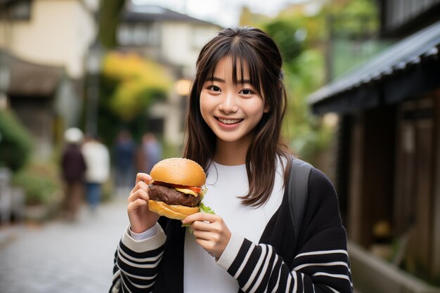 Una chica japonesa adolescente y bonita al aire libre con una hamburguesa