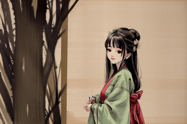 Una chica japonesa con un kimono verde.