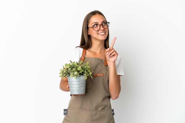 Chica jardinero sosteniendo una planta aislada apuntando hacia una gran idea