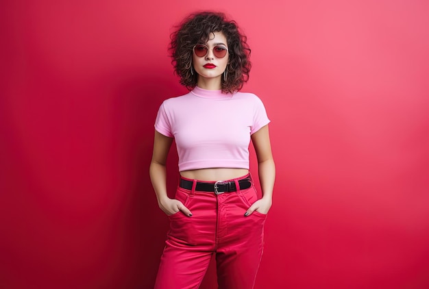 Una chica con jeans rojos y rosados de pie en el fondo