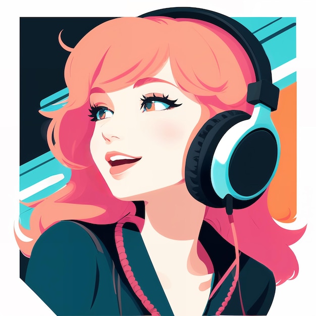 Chica de jengibre feliz con ilustración de vector mínimo de auriculares