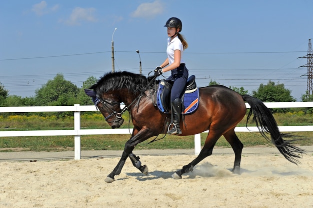 Chica jockey en la granja con su caballo