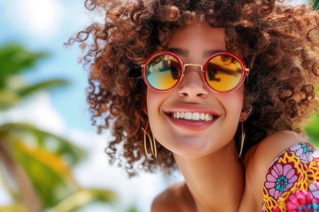 Chica joven alegre con estilo afro y gafas de sol concepto de vacaciones concepto de verano