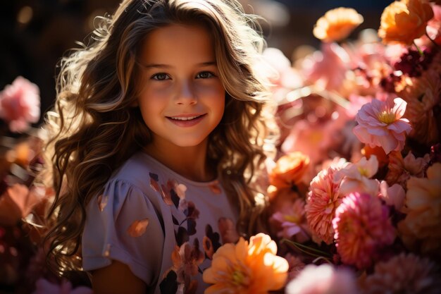 Chica joven alegre sonriendo entre flores vibrantes