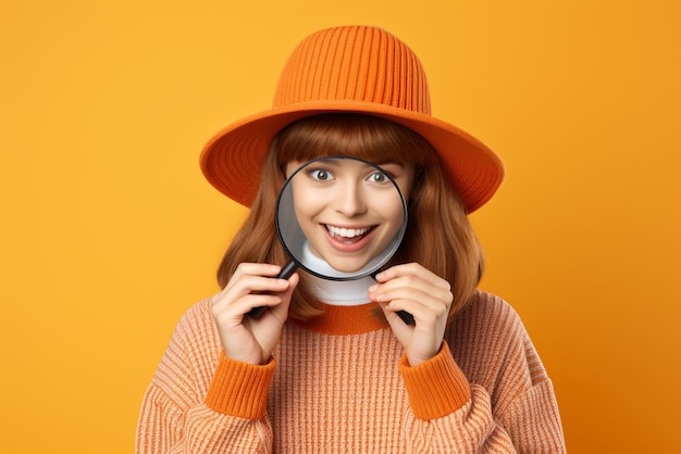 Foto chica joven alegre con suéter y sombrero mirando a la cámara con lupa sobre naranja