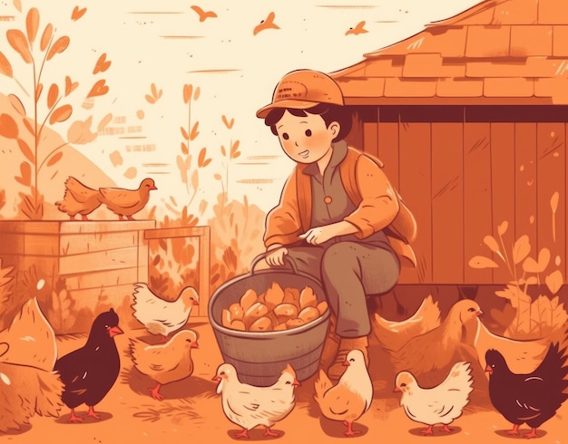 Chica joven alimentando pollos dibujos animados ilustración plana ai generativo