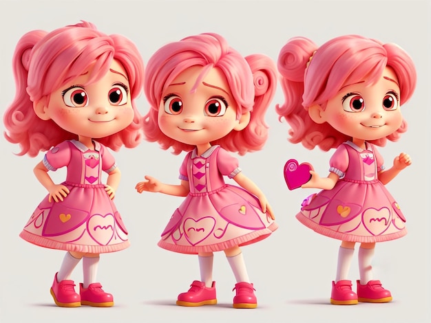 Chica joven animada con estilo de animación 3D con cabello rosado y un vestido