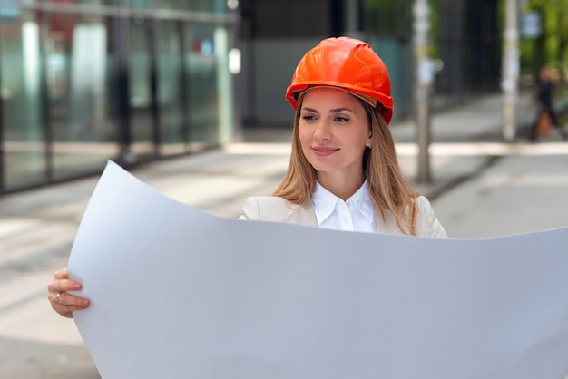 Chica joven arquitecto mirando planos