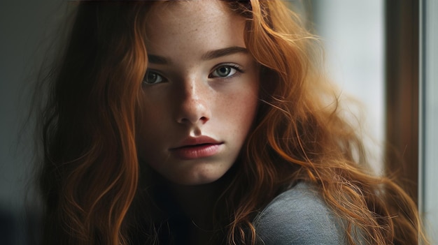 Chica joven atractiva con el cabello rojo rizado IA generativa