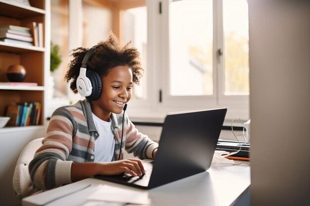 una chica joven con auriculares y una computadora portátil