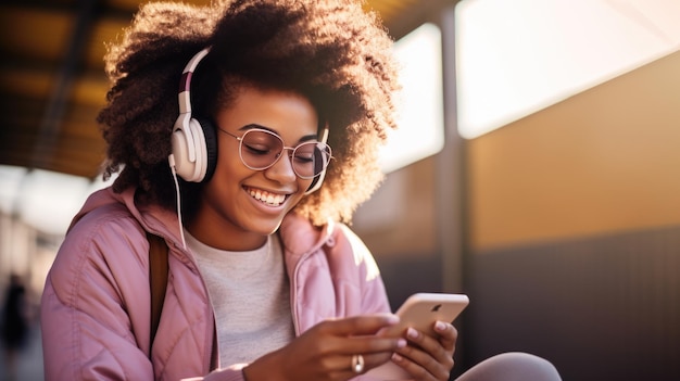 Chica joven con auriculares disfrutando de la música al aire libre