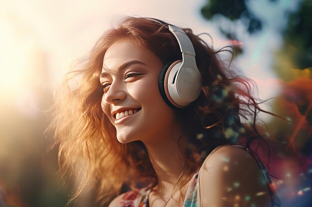 Foto una chica joven con auriculares estereofónicos rostro feliz romántico patrones y formas abstractas multicolores en el fondo ilusión de un sueño