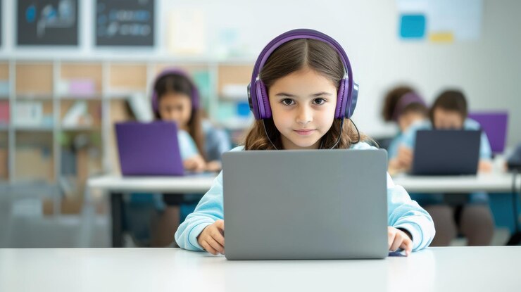 Una chica joven con auriculares se sienta en su escritorio trabajando en una computadora portátil aprendiendo programación en un taller de codificación para niños codificación para estudiantes de codificación