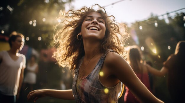 Chica joven bailando en una fiesta al aire libre