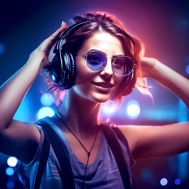 Una chica joven y bonita con auriculares modernos escuchando música sobre un fondo abstracto