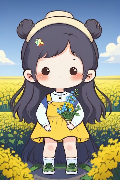 Chica joven y bonita de estilo anime de dibujos animados con flores amarillas de fondo de papel tapiz con figura de palo