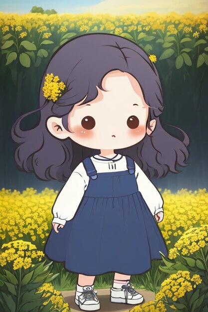 Chica joven y bonita de estilo anime de dibujos animados con flores amarillas de fondo de papel tapiz con figura de palo