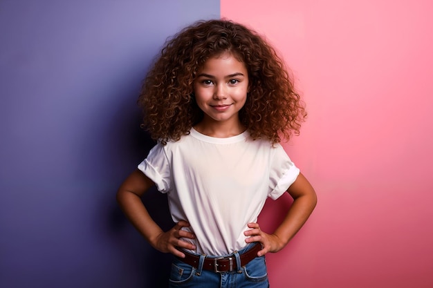 Chica joven con el cabello rizado en camiseta blanca en pastel rosa y lavanda Mockup de fondo