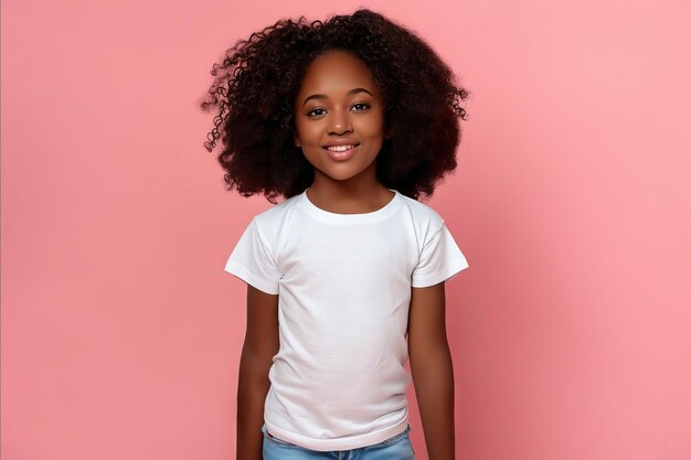 Foto una chica joven con el cabello rizado con una camiseta blanca