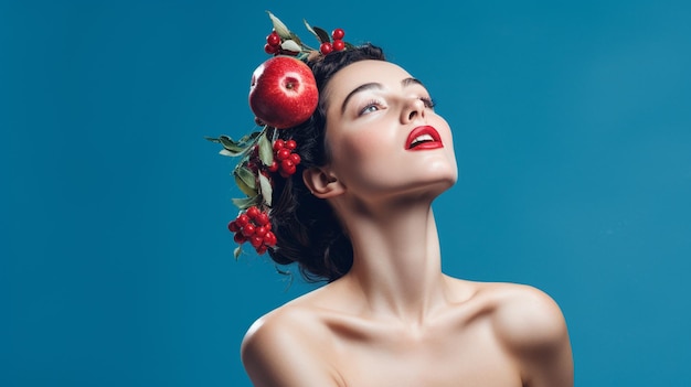 chica joven con cabeza de flor roja y hombros desnudos con ojos azules en su cara sobre un fondo azul