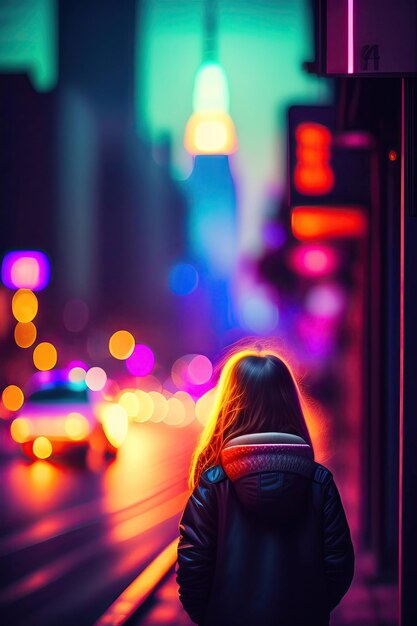 Chica joven en las calles de la ciudad nocturna luces de neón de la ciudad noche