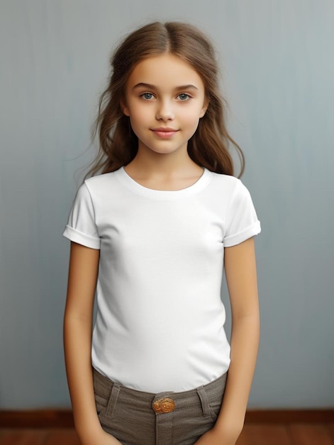 Una chica joven con una camisa blanca que dice "ella lleva puesta"
