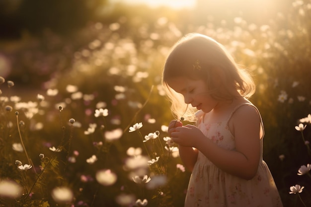 Una chica joven en un campo de flores.