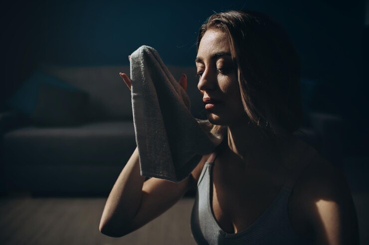 Chica joven cansada que sostiene la toalla después de entrenar