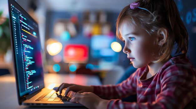Una chica joven codificando en una computadora portátil