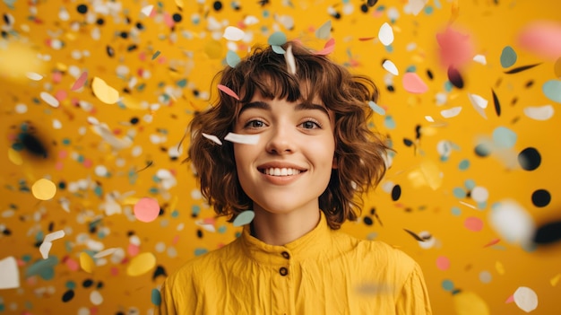 Chica joven cubierta con sonrisas de confeti sobre un fondo amarillo