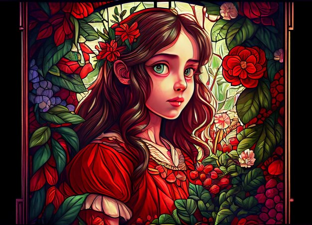 Chica joven en flores de rosas rojas florecen