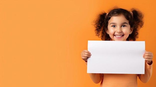 Chica joven con fondo naranja de papel en blanco Espacio para texto