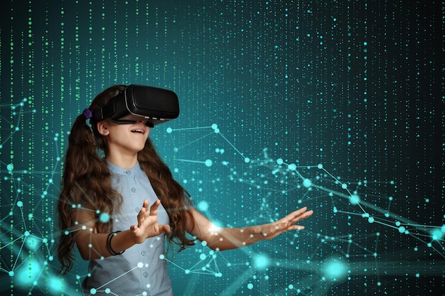 Chica joven con gafas de realidad virtual Concepto de tecnología futura
