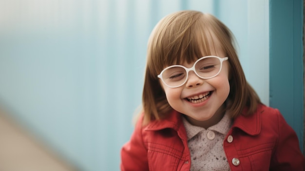 Una chica joven con gafas del síndrome de Down sonriendo