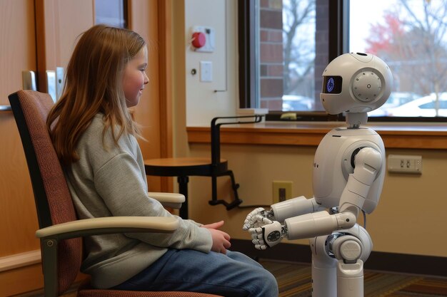 Foto una chica joven hablando con un robot.