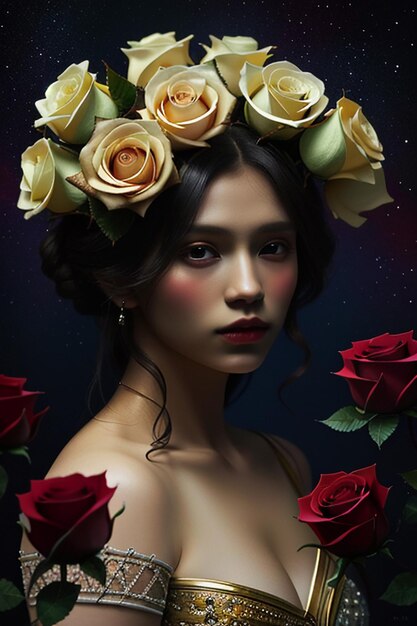 Chica joven con hermosa flor decoración pelo rosas romántico fondo de pantalla ilustración de fondo