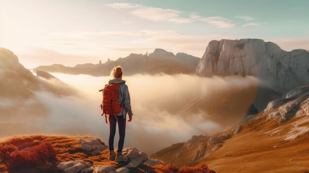 Chica joven inconformista con mochila disfrutando del atardecer en la cima de la montaña brumosa