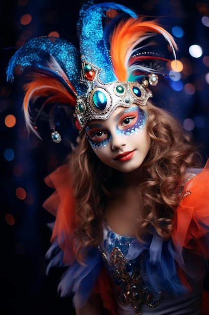 chica joven linda en traje de carnaval de colores brillantes en un fondo oscuro