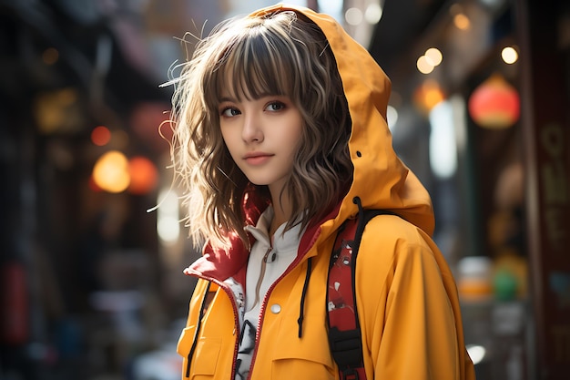 Chica joven con lindo cabello al estilo de iluminación realista kawaii