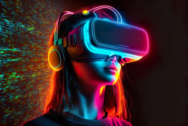 Chica joven con metaverso de realidad virtual de auriculares VR