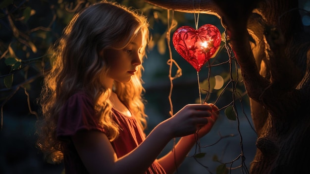 Foto una chica joven mirando el árbol del amor en forma de corazón