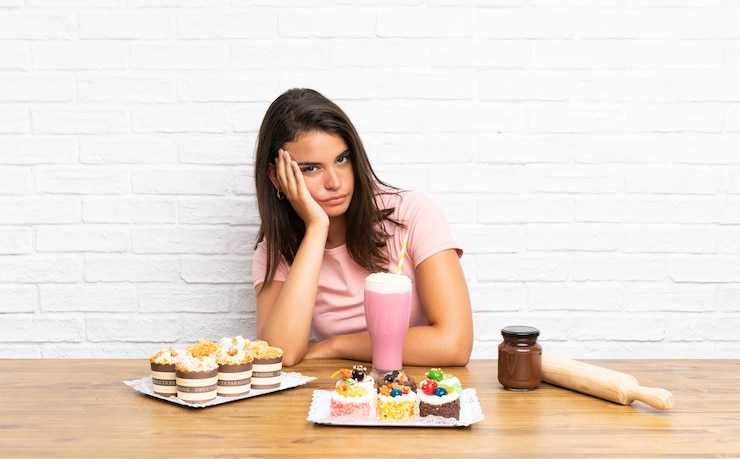 Foto chica joven con muchos mini pasteles diferentes infeliz y frustrada